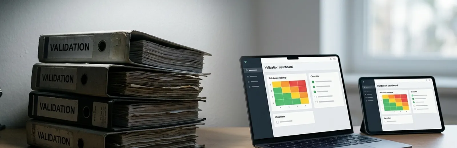 Validation binders beside a laptop running a risk-based assurance dashboard