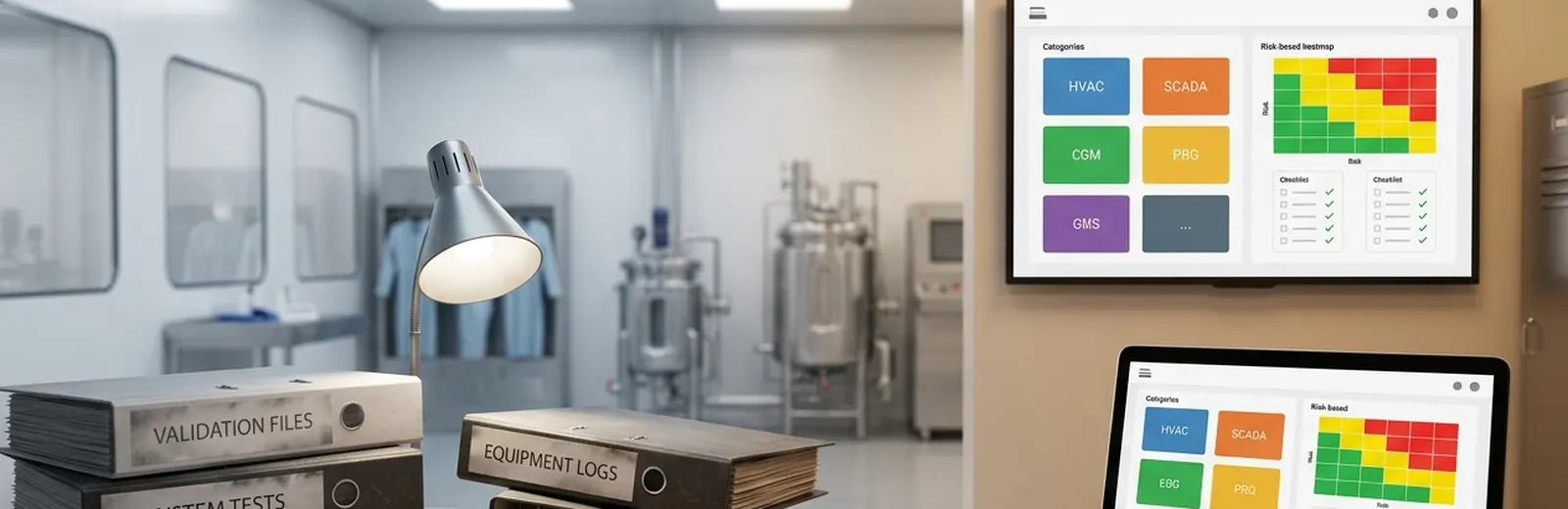 Paper validation files next to digital risk dashboards in a cleanroom office